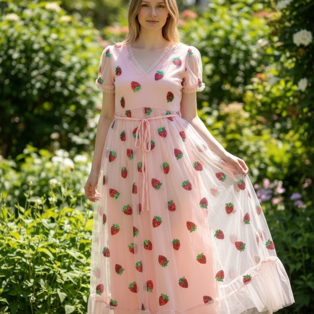 Strawberry Sequin Tulle Maxi Dress Pink Cottagecore Fairycore Strawberry Print M